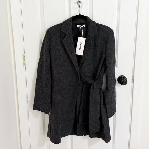 Women Thakoon Herringbone Wrap Tie Jacket Mid Length in Dark Grey Size Small - Picture 1 of 9